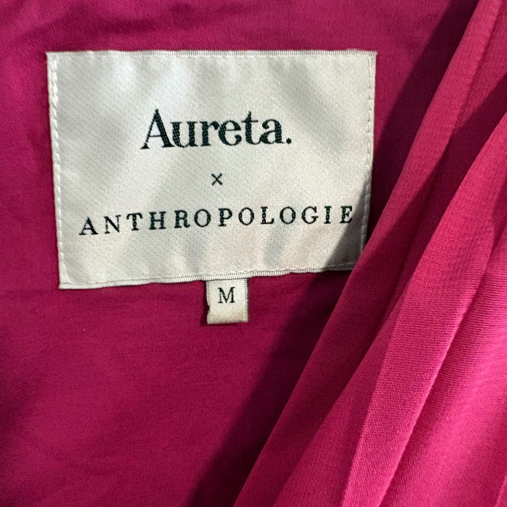 Aureta x Anthropologie Magenta Pleated V-Neck Bishop Sleeve Mini Dress‎ Medium - Picture 4 of 7